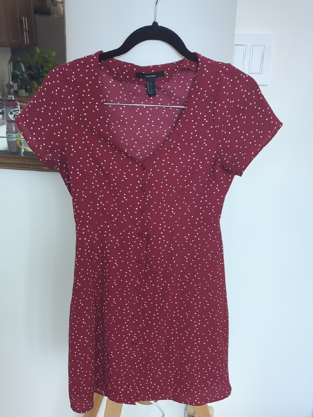 Forever 21 Burgundy Red Polka Dot Button-Front Mini Dress